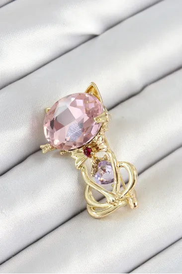 Pembe Zirkon Taşlı Kap Detaylı Kedi Figürlü Gold Renk Kadın Broş Pembe Zirkon Taşlı Kap Detaylı Kedi Figürlü Gold Renk Kadın Broş