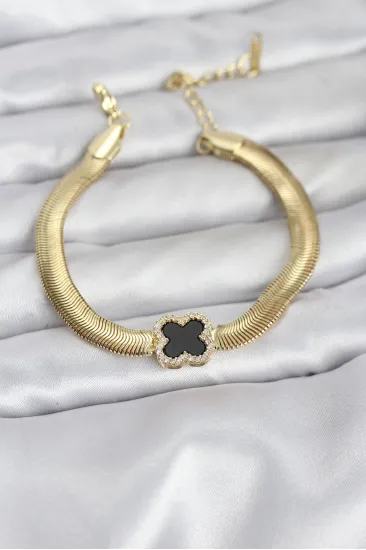 316L Çelik Gold Renk Siyah Yonca Model Zirkon Taşlı Yılan Zincirli Kadın Bileklik 316L Çelik Gold Renk Siyah Yonca Model Zirkon Taşlı Yılan Zincirli Kadın Bileklik