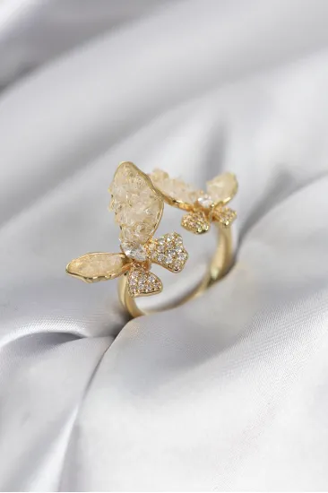 Gold Renk Beyaz Kelebek Model Zirkon Taşlı Kadın Yüzük