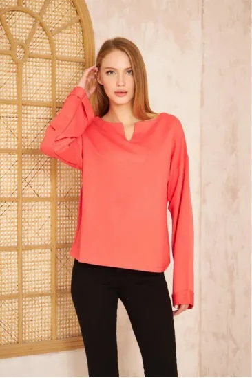 Kadın Ekstra Uzun Duble Kol / Yakası Yırtmaçlı Salaş Sweatshirt Bluz 700-3470187