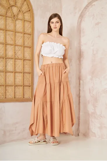 Kadın Camel Cepli Asimetrik Kesim Fırfırlı Beli Lastikli Kloş 3 Kat Salaş Spor Etek 3574297 Kadın Camel Cepli Asimetrik Kesim Fırfırlı Beli Lastikli Kloş 3 Kat Salaş Spor Etek 3574297