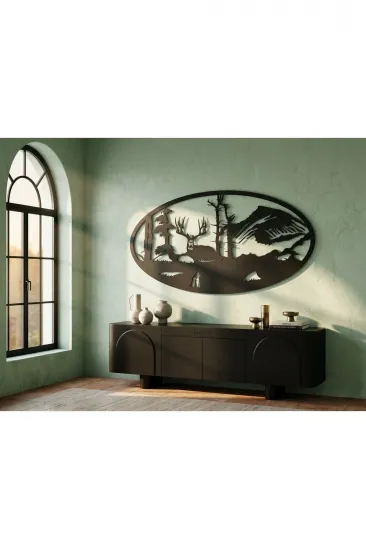 Modern Oval Geyik ve Dağ Manzaralı Estetik Metal Duvar Panosu Modern Oval Geyik ve Dağ Manzaralı Estetik Metal Duvar Panosu