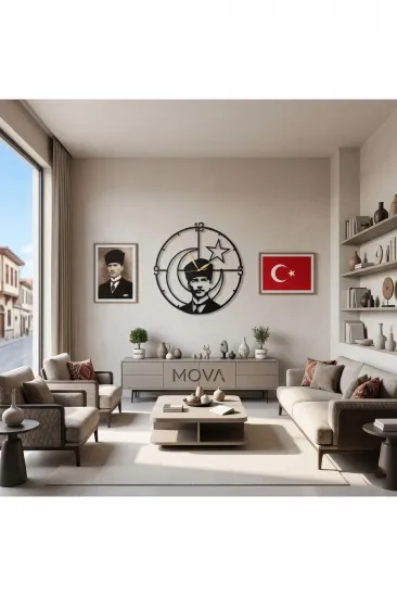Atatürk Silüeti Anafartalar Tasarımlı Dekoratif Metal Duvar Saati Atatürk Silüeti Anafartalar Tasarımlı Dekoratif Metal Duvar Saati