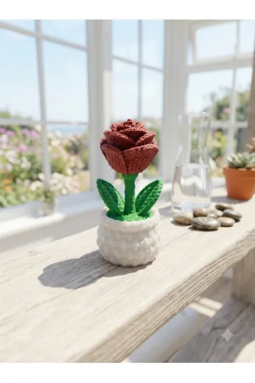 3D Baskı Minyatür Saksıda Kırmızı Gül Biblosu (5 cm) - Dekoratif Masa & Kitaplık Süsü