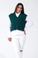 Haki V Yaka Crop Saç Örgü Triko Süveter Haki V Yaka Crop Saç Örgü Triko Süveter