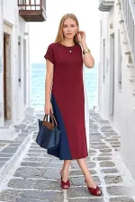 Bordo Ekru Lacivert Modal Midi Elbise Bordo Ekru Lacivert Modal Midi Elbise