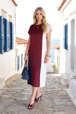 Bordo Ekru Lacivert Modal Midi Elbise Bordo Ekru Lacivert Modal Midi Elbise