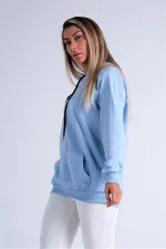 Mavi Kapüşonlu Kanguru Cepli Şardonlu Sweatshirt