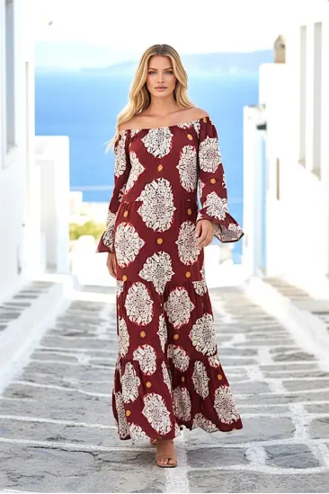 Bordo Madonna Yaka Desenli Eteği Kat Kat Uzun Elbise Bordo Madonna Yaka Desenli Eteği Kat Kat Uzun Elbise