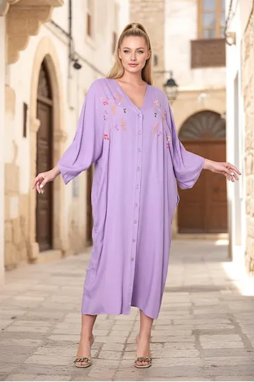 Lila V Yaka Önü Nota Nakışlı Cepli Oversize Uzun Gömlek Elbise Lila V Yaka Önü Nota Nakışlı Cepli Oversize Uzun Gömlek Elbise