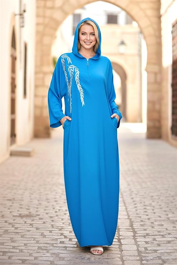 Mavi Kapüşonlu Nakışlı Cepli Oversize Uzun Elbise Mavi Kapüşonlu Nakışlı Cepli Oversize Uzun Elbise