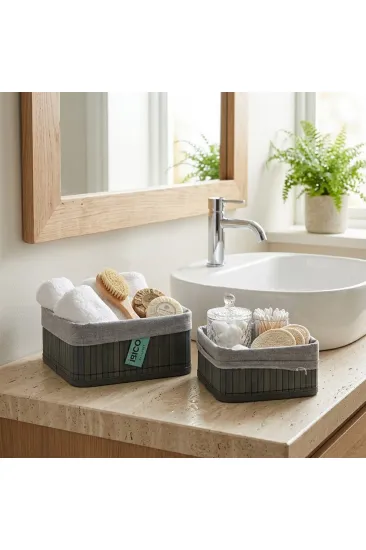 GRİ 2 BOY KARE BAMBU KENAR ORGANİZER SEPET AHŞAP ALTLIK - BEZLİ 18X21CM (5637) GRİ 2 BOY KARE BAMBU KENAR ORGANİZER SEPET AHŞAP ALTLIK - BEZLİ 18X21CM (5637)