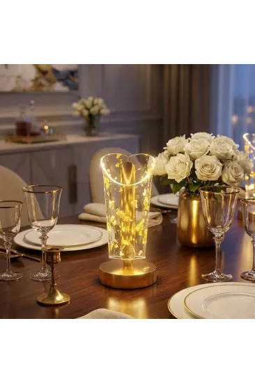 Açık Silindirik Kristal Altın Toz Model LED Masa Lambası – Gold Tabanlı, Dokunmatik, 3 Renk Işık Modlu, Şarjlı Modern Dekoratif Gece Lambası (5637)