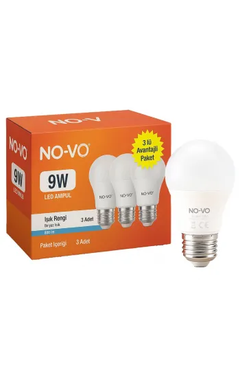NO-VO 3LÜ AVANTAJ PAKET 9W BEYAZ LED AMPUL E27 806LM 6500K 15.000 SAAT ÖMÜR (5637) NO-VO 3LÜ AVANTAJ PAKET 9W BEYAZ LED AMPUL E27 806LM 6500K 15.000 SAAT ÖMÜR (5637)