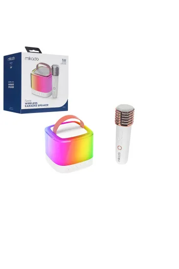 BEYAZ KARAOKE MİKROFONLU WİRELESS HOPARLÖR - SPEAKER IŞIKLI USB ŞARJLI BT - TF CARD - AUX 5W (5637)