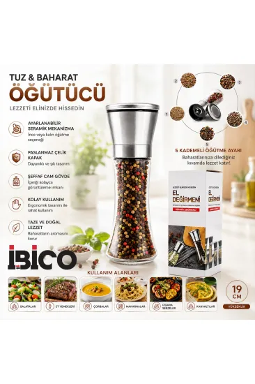 HAND GRINDER BÜYÜK CAM HAZNELİ - KROM KAPLAMA PLS.KAPAKLI TUZ - BAHARAT ÖĞÜTÜCÜ (5637)