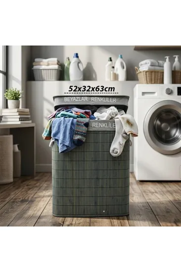 GRİ DİKDÖRTGEN 2 BÖLMELİ 52X32CM Y:63CM BAMBU AHŞAP KİRLİ ÇAMAŞIR SEPETİ KUMAŞ ÇANTALI İP KULP (5637) GRİ DİKDÖRTGEN 2 BÖLMELİ 52X32CM Y:63CM BAMBU AHŞAP KİRLİ ÇAMAŞIR SEPETİ KUMAŞ ÇANTALI İP KULP (5637)