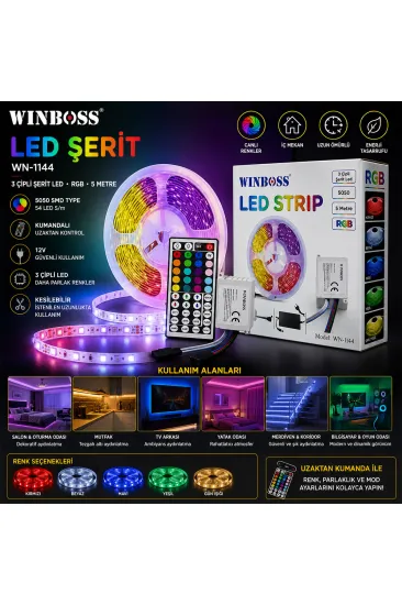 RGB 3ÇİP KUMANDALI ŞERİT LED 5MT (5637)