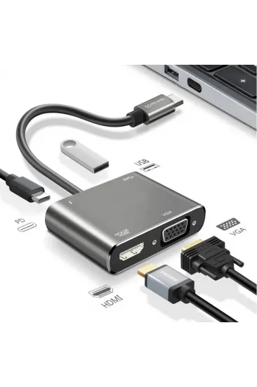 4’ü 1 Arada Type-C to Hub Dönüştürücü Adaptör – 4K Ultra HD HDMI & VGA Görüntü Aktarımı, PD Hızlı Şarj Destekli, USB Çoklayıcı (5637) 4’ü 1 Arada Type-C to Hub Dönüştürücü Adaptör – 4K Ultra HD HDMI & VGA Görüntü Aktarımı, PD Hızlı Şarj Destekli, USB Çoklayıcı (5637)