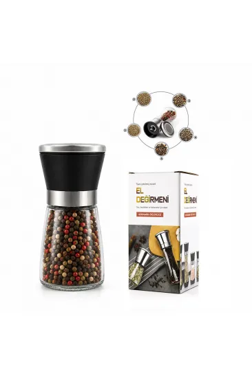HAND GRINDER KÜÇÜK CAM HAZNELİ - PLS.KAPAKLI - KROM BELLİ TUZ - BAHARAT ÖĞÜTÜCÜ (5637)