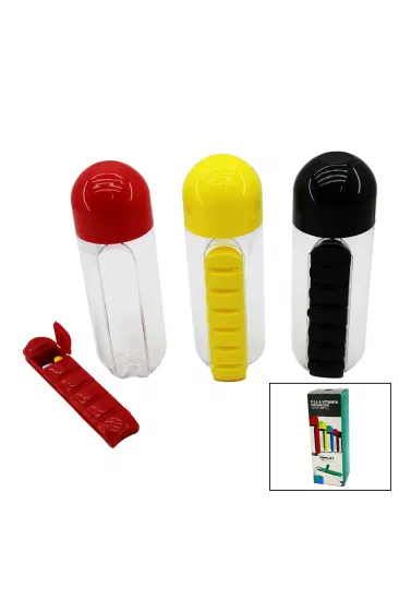 İLAÇ KUTULU PLASTİK SULUK MATARA RENKLİ BARDAK KAPAKLI 600ML (5637) İLAÇ KUTULU PLASTİK SULUK MATARA RENKLİ BARDAK KAPAKLI 600ML (5637)