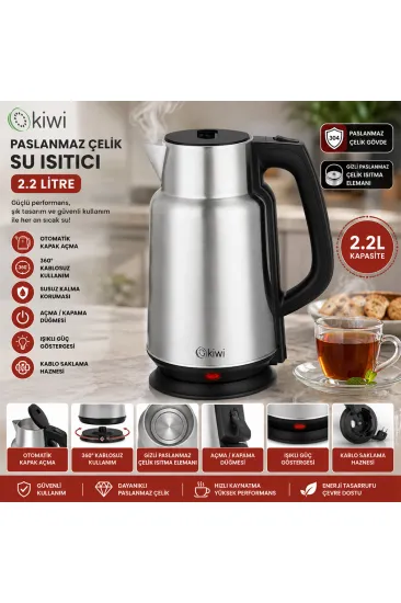ÇELİK - SÜRAHİ MODEL KETTLE ELEKTRİKLİ SU ISITICISI PASLANMAZ ÇELİK GİZLİ REZİSTANS 360° 2.2LT 1500W KK-3334 (5637)