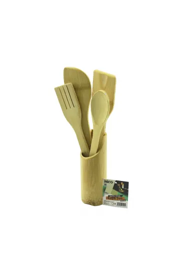 5PCS AHŞAP BAMBU MUTFAK SETİ STAND - KAŞIK - ÇATAL - 2 SPATULA FİLELİ (5637)