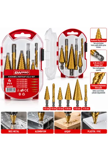 6PCS MATKAP UÇLU KADEMELİ SET 4-12MM - 4-20MM - 4-32MM - 3MM - 6MM - 8MM (5637) 6PCS MATKAP UÇLU KADEMELİ SET 4-12MM - 4-20MM - 4-32MM - 3MM - 6MM - 8MM (5637)