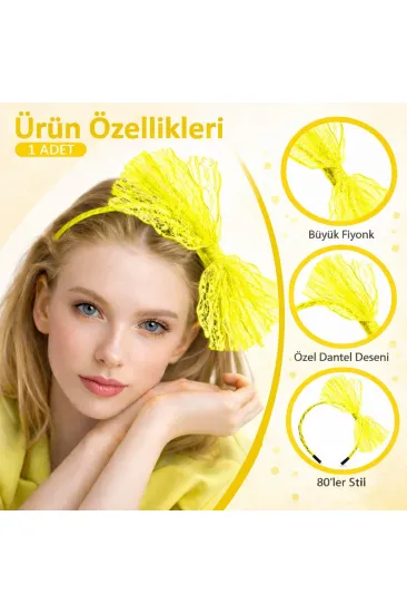 80’ler 90’lar Neon Sarı Dantel Taç Fiyonklu (5637)