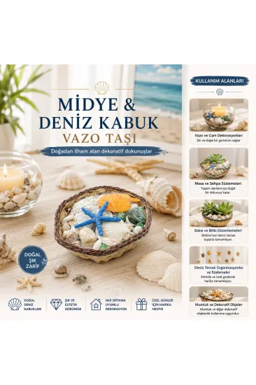 KÜÇÜK - KARE - AHŞAP SEPETLİ RENKLİ MİX MİDYE - DENİZ KABUK VAZO TAŞI (5637)