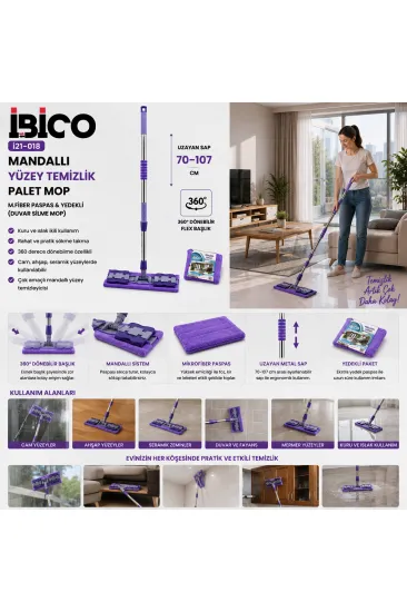 MANDALLI YÜZEY TEMİZLİK PALET MOP M.FİBER PASPAS - YEDEKLİ DUVAR SİLME MOP METAL UZAYAN SAP=70-107CM- 360° (5637)