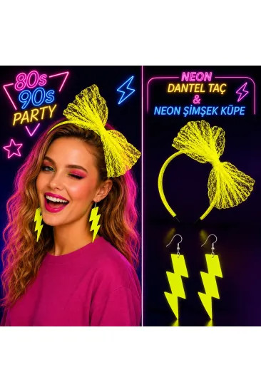 Neon Sarı Dantel Taç ve Şimşek Küpe 80'ler 90'lar Parti Seti (5637) Neon Sarı Dantel Taç ve Şimşek Küpe 80'ler 90'lar Parti Seti (5637)