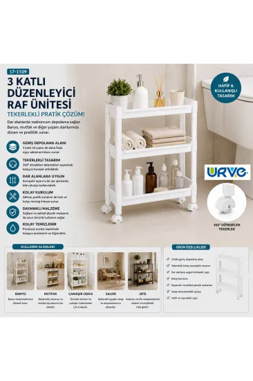 RAFTY 3 KATLI TEKERLEKLİ SEPET ORGANİZER DÜZENLEYİCİ RAF ÜNİTESİ 465X145X480MM (5637) RAFTY 3 KATLI TEKERLEKLİ SEPET ORGANİZER DÜZENLEYİCİ RAF ÜNİTESİ 465X145X480MM (5637)