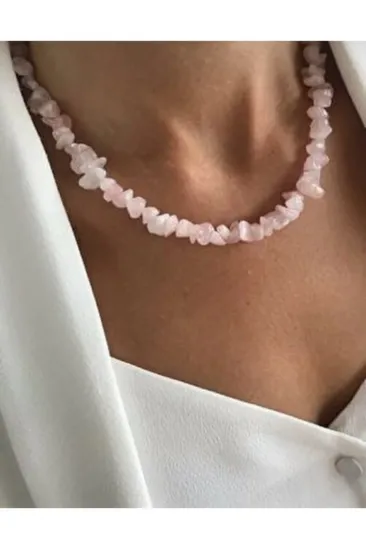 Pembe Kuvars Kırık Doğal Taş Kolye Pembe Kuvars Kırık Doğal Taş Kolye