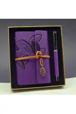Yaprak Desenli Mor Deri Defter Ve Metal Roller Kalem Seti Yaprak Desenli Mor Deri Defter Ve Metal Roller Kalem Seti