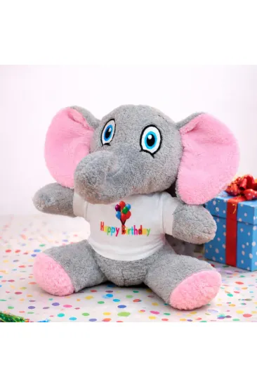 Happy Birthday Tişörtlü Sevimli Peluş Fil Happy Birthday Tişörtlü Sevimli Peluş Fil