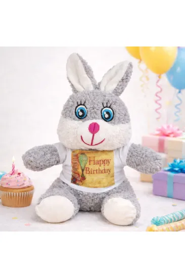 Doğum Günü Tişörtlü Sevimli Peluş Tavşan