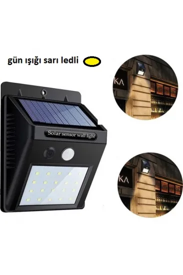 Sarı Gün Işıklı Solar Lamba - 20 LED - Dış Mekan Duvar Tipi Sarı Gün Işıklı Solar Lamba - 20 LED - Dış Mekan Duvar Tipi