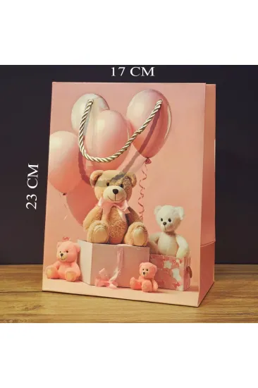 Ayıcık Desenli Pembe Küçük Boy Karton Hediye Çantası Ayıcık Desenli Pembe Küçük Boy Karton Hediye Çantası