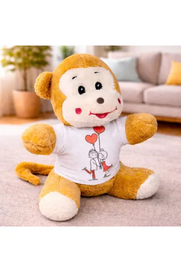 Mutlu Aşıklar Tasarım Tişörtlü Sevimli Peluş Maymun Mutlu Aşıklar Tasarım Tişörtlü Sevimli Peluş Maymun