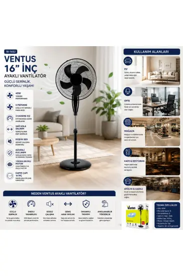 Ev Tipi Ayaklı Vantilatör - 16 İnç 5 Pervaneli - 45W Performans Ev Tipi Ayaklı Vantilatör - 16 İnç 5 Pervaneli - 45W Performans