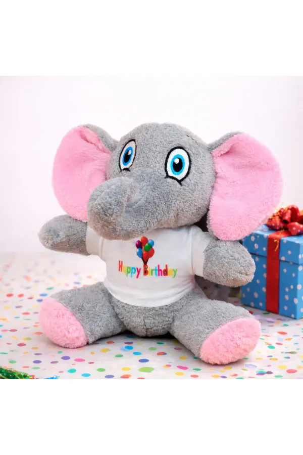 Happy Birthday Tişörtlü Sevimli Peluş Fil Happy Birthday Tişörtlü Sevimli Peluş Fil