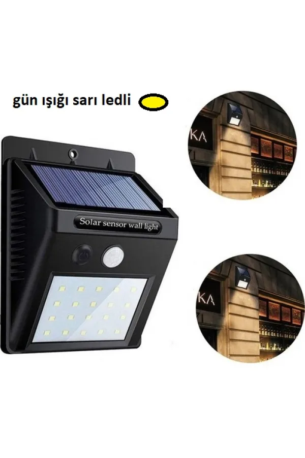 Sarı Gün Işıklı Solar Lamba - 20 LED - Dış Mekan Duvar Tipi Sarı Gün Işıklı Solar Lamba - 20 LED - Dış Mekan Duvar Tipi