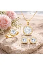 Gümüş Gold Yuvarlak Montür Tek Taş Kadın Set Gümüş Gold Yuvarlak Montür Tek Taş Kadın Set