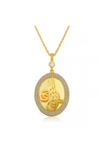 Gümüş Gold Tuğralı Oval Bayan Kolye