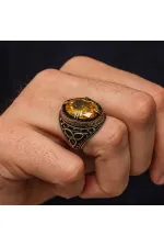 Gümüş Sarı Sitrin Zirkon Taşlı Erkek Yüzük Gümüş Sarı Sitrin Zirkon Taşlı Erkek Yüzük