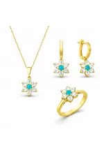 Gümüş Mavi Taşlı Gold Çiçek Kadın Set Gümüş Mavi Taşlı Gold Çiçek Kadın Set