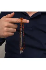 Metal Püsküllü Bordo Amber Sıkma Kehribar Tesbih