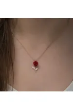 Gümüş Rose Kırmızı Gül Kolye Gümüş Rose Kırmızı Gül Kolye