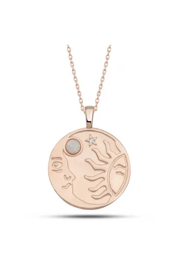 Gümüş Rose Opal Beyaz Taşlı Ay Güneş Kadın Kolye Gümüş Rose Opal Beyaz Taşlı Ay Güneş Kadın Kolye